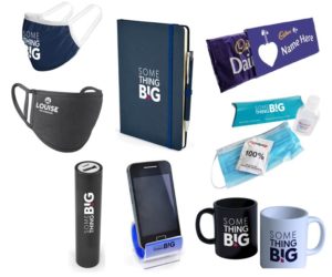 ideas for a new employee welcome pack, including branded and personalised face masks, notebook, phone stand, hand sanitiser, mugs and chocolate bar